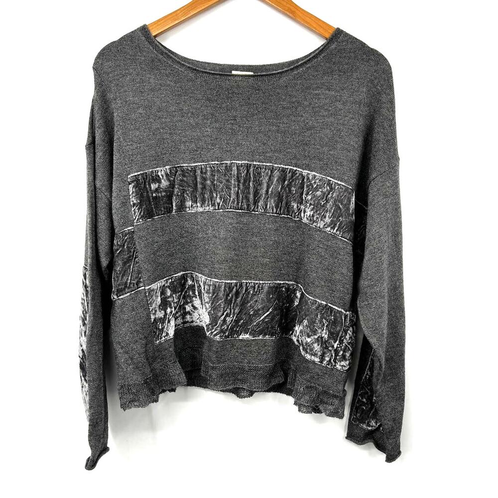 J. Jill Women's Pullover Merino Wool Velvet‎ Trim Sweater Heather Gray Size L